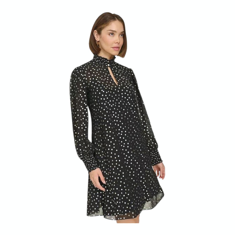 Tommy Hilfiger‎ Women's Foil Dot Chiffon Smocked Trim Dress Black Size 8